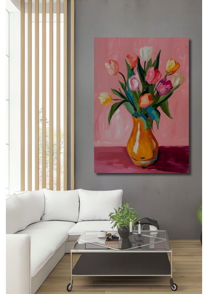 Canlı Renkli Lale Buketi Sulu Boya Görünümlü Modern Sanat Ahşap Dekoratif Tablo Dikdörtgen Tablo