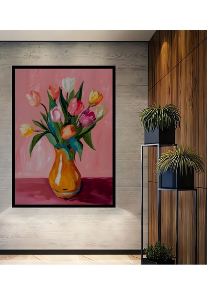 Canlı Renkli Lale Buketi Sulu Boya Görünümlü Modern Sanat Ahşap Dekoratif Tablo Dikdörtgen Tablo fiyatları