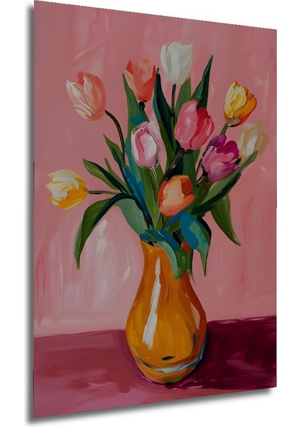 Canlı Renkli Lale Buketi Sulu Boya Görünümlü Modern Sanat Ahşap Dekoratif Tablo Dikdörtgen Tablo fırsatları