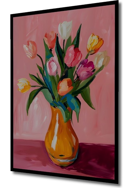 Canlı Renkli Lale Buketi Sulu Boya Görünümlü Modern Sanat Ahşap Dekoratif Tablo Dikdörtgen Tablo indirimleri