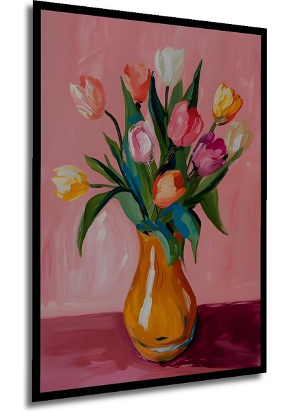 Canlı Renkli Lale Buketi Sulu Boya Görünümlü Modern Sanat Ahşap Dekoratif Tablo Dikdörtgen Tablo