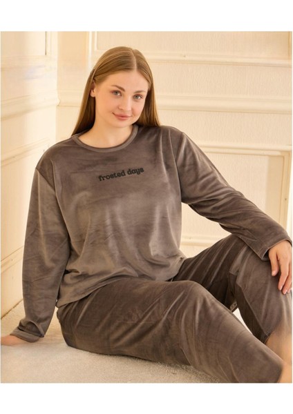 Kadın Kışlık Bisiklet Yaka Kadife Battal Pijama Takımı 132213G - 1 Adet