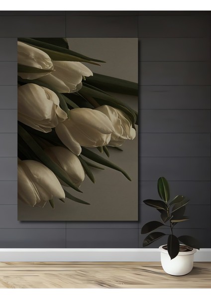 Beyaz Lale Yağlı Boya Görünümlü Ahşap Dekoratif Tablo Dikdörtgen Tablo