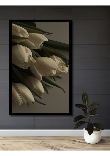 Beyaz Lale Yağlı Boya Görünümlü Ahşap Dekoratif Tablo Dikdörtgen Tablo fiyatları