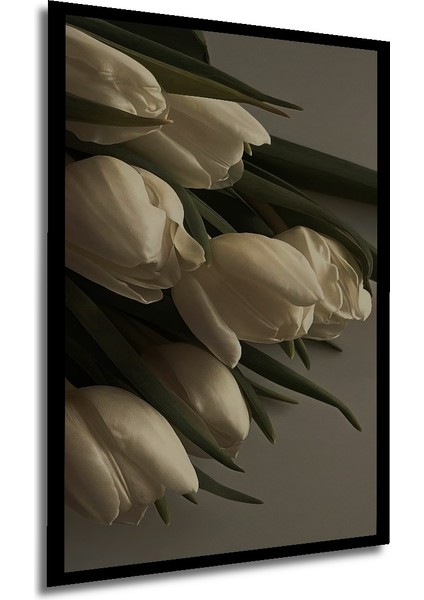 Beyaz Lale Yağlı Boya Görünümlü Ahşap Dekoratif Tablo Dikdörtgen Tablo