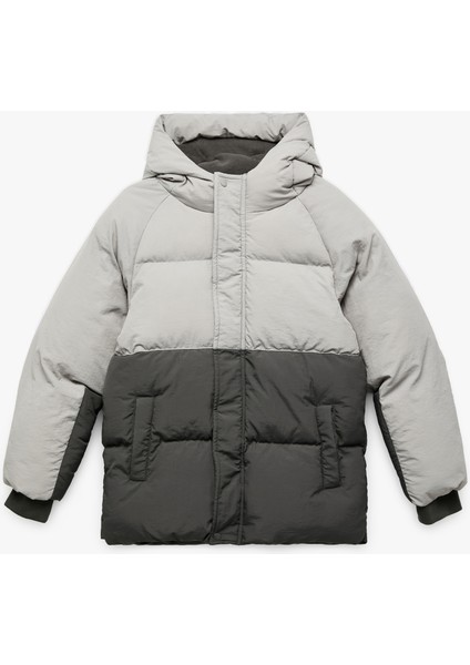 Polar Astarlı Uzun Kollu Kapşonlu Renk Bloklu Şişme Mont