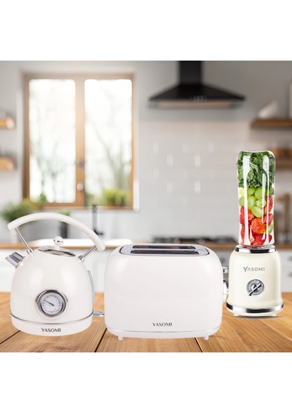 Retro Kahvaltı Seti Su Isıtıcı Kettle + Smoothie Blender + Ekmek Kızartma makinesi (Bej)