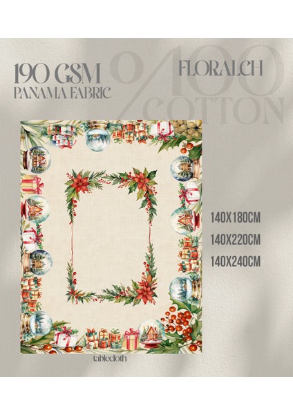 Yılbaşı Desenli Dijital Baskılı Floralch Masa Örtüsü - 140 x 220 cm 140X240 cm - Panama Kumaş