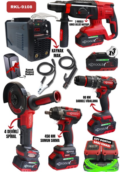 5 Li Set Kırmızı Kabartmalı (4 Lü Set + 200 Amper Kaynak Mak.)