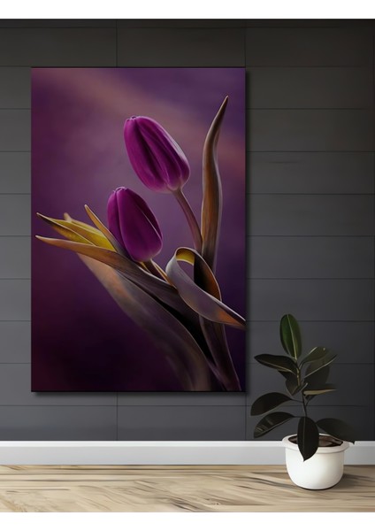 Mor Lale Suluboya Görünümlü Dekoratif Ahşap Tablo Dikdörtgen Tablo