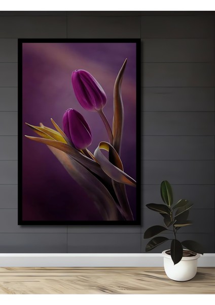 Mor Lale Suluboya Görünümlü Dekoratif Ahşap Tablo Dikdörtgen Tablo fiyatları