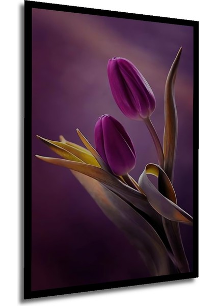Mor Lale Suluboya Görünümlü Dekoratif Ahşap Tablo Dikdörtgen Tablo
