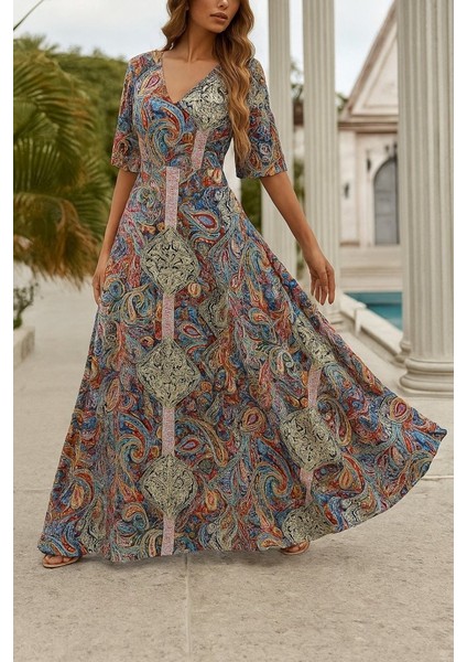 Kadın Kısa Kollu V Yakalı Desenli Süprem Elbise modelleri