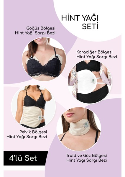 Hint Yağı Sargı Bezi 4'lü Set: Karaciğer, Pelvik, Tiroid/göz ve Göğüs Sargı Bezi, Pamuklu, Ergonomik, % 100 Sızdırmaz