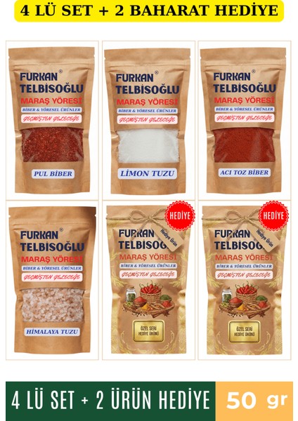 Himalaya Tuzu 50GR + Limon Tuzu 50GR + Acı Toz Biber 50GR + Pul Biber 50GR + 2 Baharat Hediye