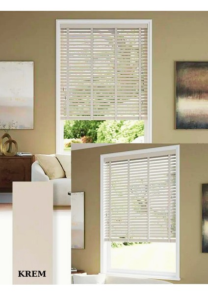 Wooden Blinds %100 Doğal Ahşap Jaluzi Perde 50MM, Alüminyum Kasalı Yüksek Kaliteli - Kurdelalı Krem