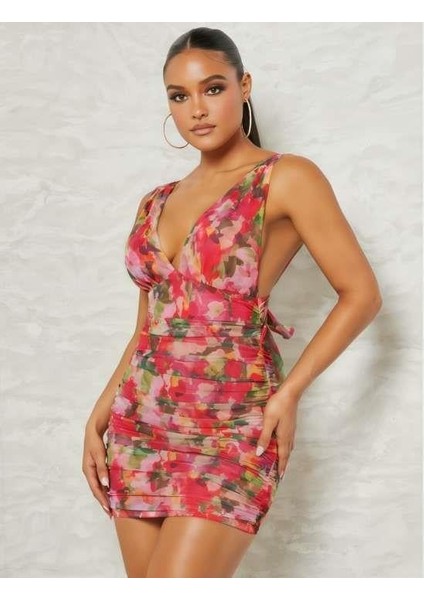 Mulvxbrf BRF02 Çiçek Desenli Büzgülü Arkadan Bağlamalı Elbise (Mulvix)