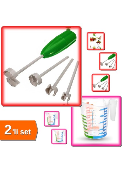 4 Başlıklı Oyma Seti + 1000 ml Renkli Ölçü Kabı - Kullanışlı Mutfak Aletleri GHI789
