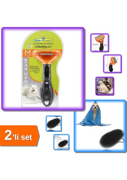 Uzun Tüylü Köpek Tarama Fırçası Tüy Toplayıcı Medium + Kedi - Köpek Yıkama Fırçası 2li Set X9B2QF