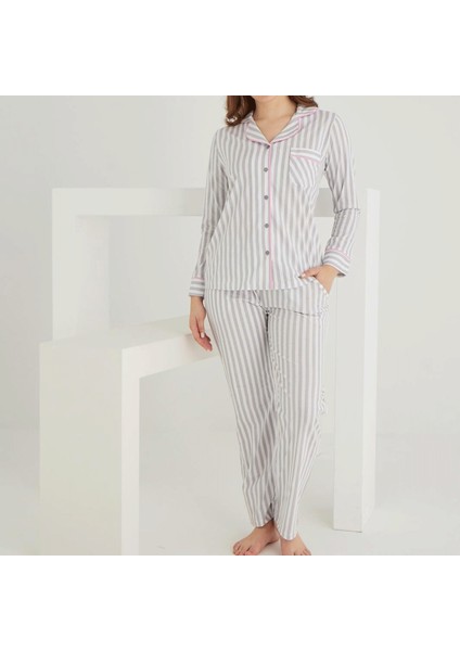 Pamuklu Önden Düğmeli Çizgili Gömlek Model Bayan Pijama Takımı 021210 fiyatları