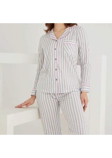 Pamuklu Önden Düğmeli Çizgili Gömlek Model Bayan Pijama Takımı 021210 fırsatları