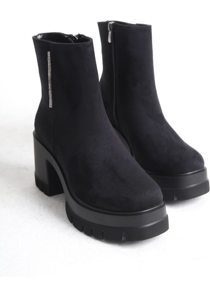 Natalıa Fermuarlı Ortopedik Taban Suya ve Soğuğa Dayanıklı Kalın Topuklu Süet Kadın Bot St Siyah