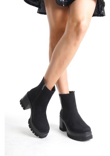 Natalıa Fermuarlı Ortopedik Taban Suya ve Soğuğa Dayanıklı Kalın Topuklu Süet Kadın Bot St Siyah modelleri