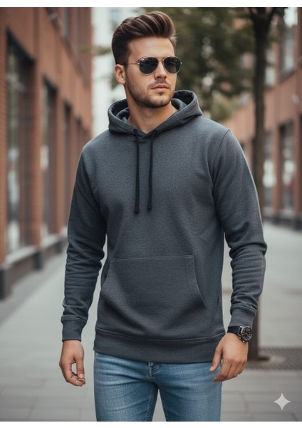 Antrasit Kapüşonlu Erkek Sweatshirt