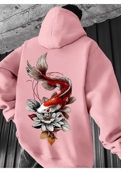 Büyük Beden Özel Tasarım Kapüşonlu Koi Balığı Sırt Baskılı %100 Pamuk Oversize Erkek Sweatshırt