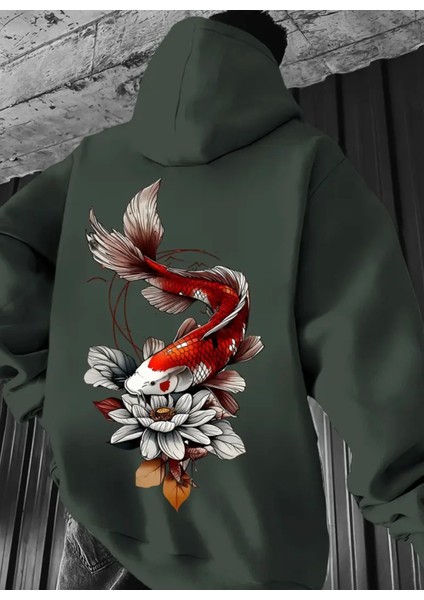 Büyük Beden Özel Tasarım Kapüşonlu Koi Balığı Sırt Baskılı %100 Pamuk Oversize Erkek Sweatshırt