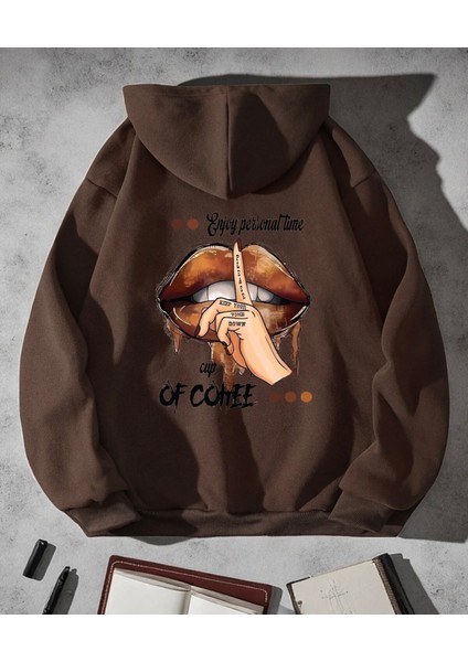 Punıx Büyük Beden Özel Tasarım Kapüşonlu Enjoy Tıme Sırt Baskılı %100 Pamuk Oversize Kadın Sweatshırt