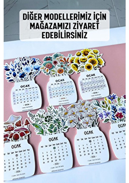 Çiçekli 2026 Yılı Aylık Masa Takvimi Orta Boy / Resmi Tatiller ve Hafta Sonları