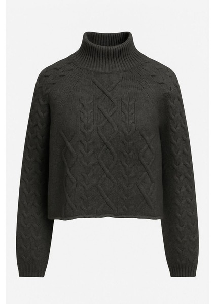 6855 Kadın Dik Yaka Saç Örgülü Triko Kazak Antrasit