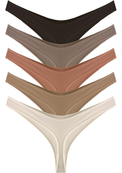 Kadın Pamuklu ve Likrali Fitilli Kaşkorse Tanga Külot 5'li Paket-2