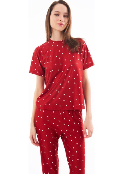 Premium Kadın Pijama Takımı Kırmızı Kalp Desenli Yumuşak Dokulu Kısa Kollu Bisiklet Yaka modelleri