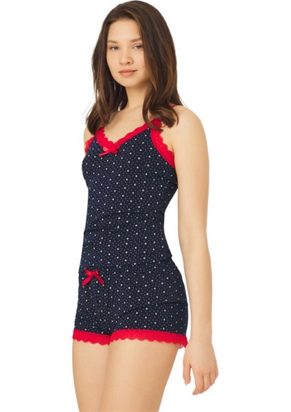 Lacivert Desenli Ince Askılı Şortlu Pamuklu Pijama Takımı