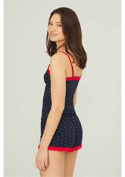 Lacivert Desenli Ince Askılı Şortlu Pamuklu Pijama Takımı fiyatları