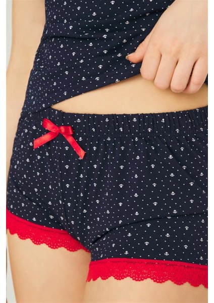 Lacivert Desenli Ince Askılı Şortlu Pamuklu Pijama Takımı modelleri