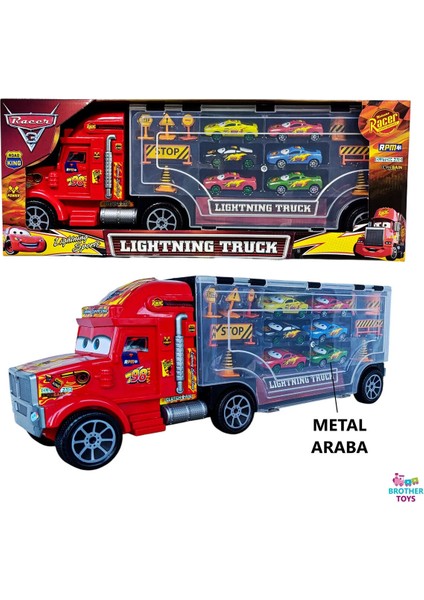 Dev Boy 56 Cm. Metal Araba Taşıyan Şimşek Mcqueen Tır Mekkuin ve 6'lı Metal Araba + 9 Parça Aksesuar