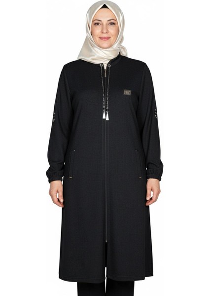 Hesna Kadın Zeren Büyük Beden Baharlık Fermuarlı Siyah Kap Ceket