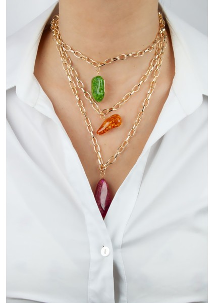 Üç Sıralı Renkli Uçlu Gold Zincir Kolye