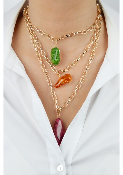 Üç Sıralı Renkli Uçlu Gold Zincir Kolye fiyatları