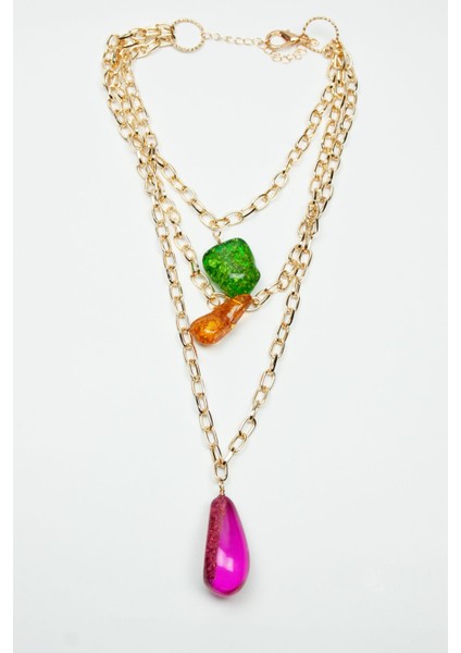 Üç Sıralı Renkli Uçlu Gold Zincir Kolye modelleri