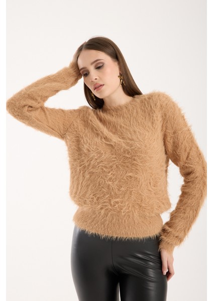 Kadın Bej Sakal Iplik Bisiklet Yaka Triko Kazak