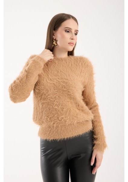 Kadın Bej Sakal Iplik Bisiklet Yaka Triko Kazak modelleri