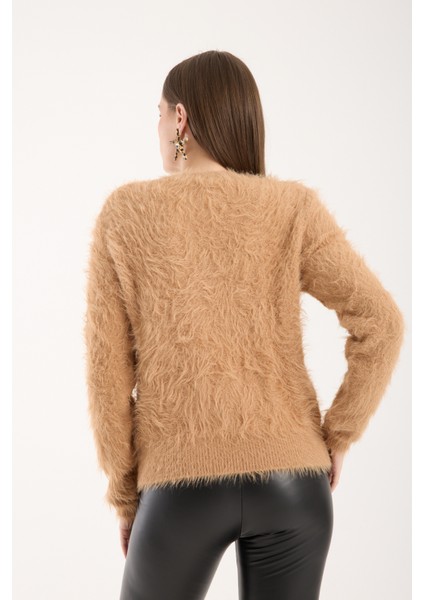 Kadın Bej Sakal Iplik Bisiklet Yaka Triko Kazak