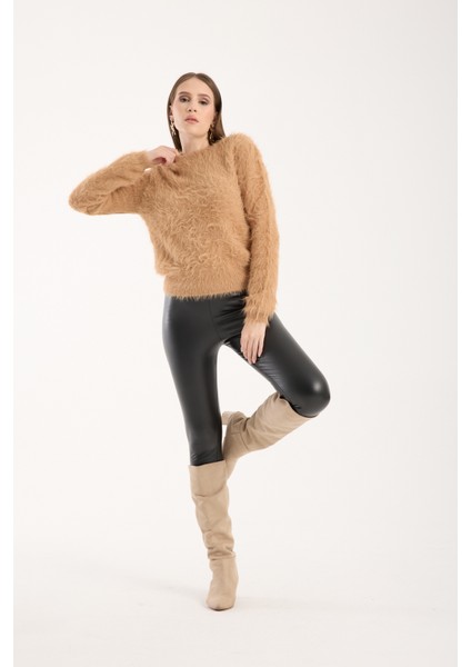 Kadın Bej Sakal Iplik Bisiklet Yaka Triko Kazak