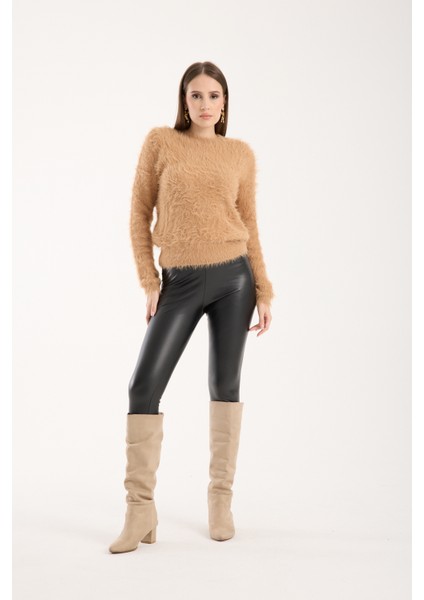 Kadın Bej Sakal Iplik Bisiklet Yaka Triko Kazak