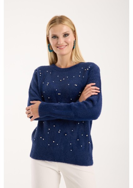 Kadın Lacivert Bisiklet Yaka Taş ve Inci Işlemeli Triko Kazak