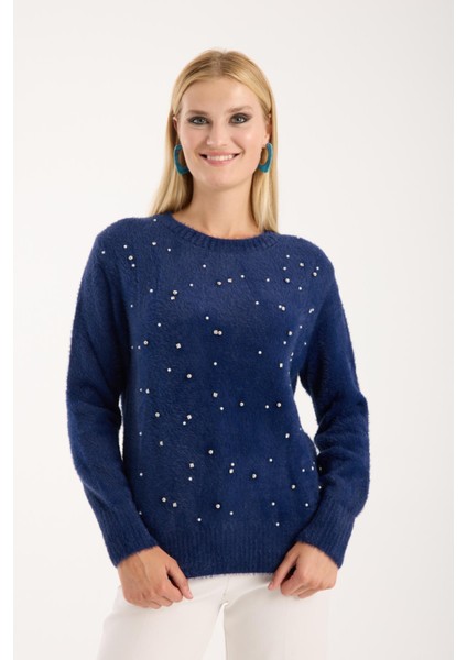 Kadın Lacivert Bisiklet Yaka Taş ve Inci Işlemeli Triko Kazak fiyatları